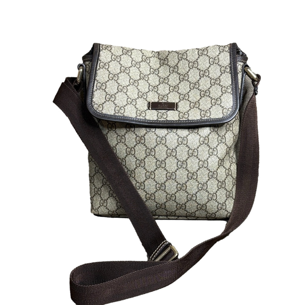 Gucci GG Supreme Small Flap Crossbody Bag Brown Web Strap Canvas Leather